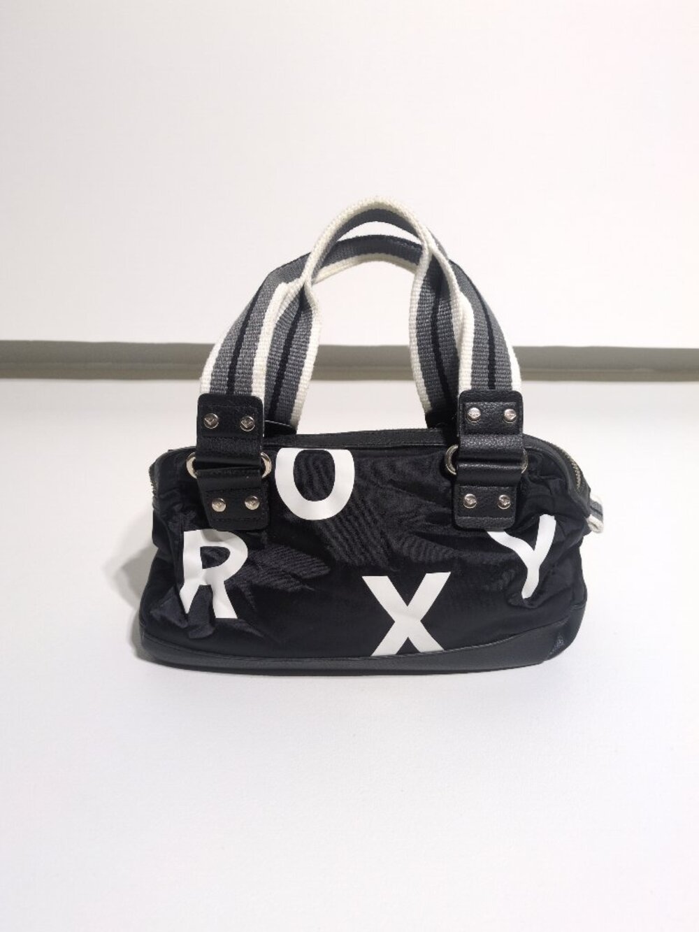 ROXY Black Nylon Handbag Striped Handles Pleather Bottom Zipper Closure